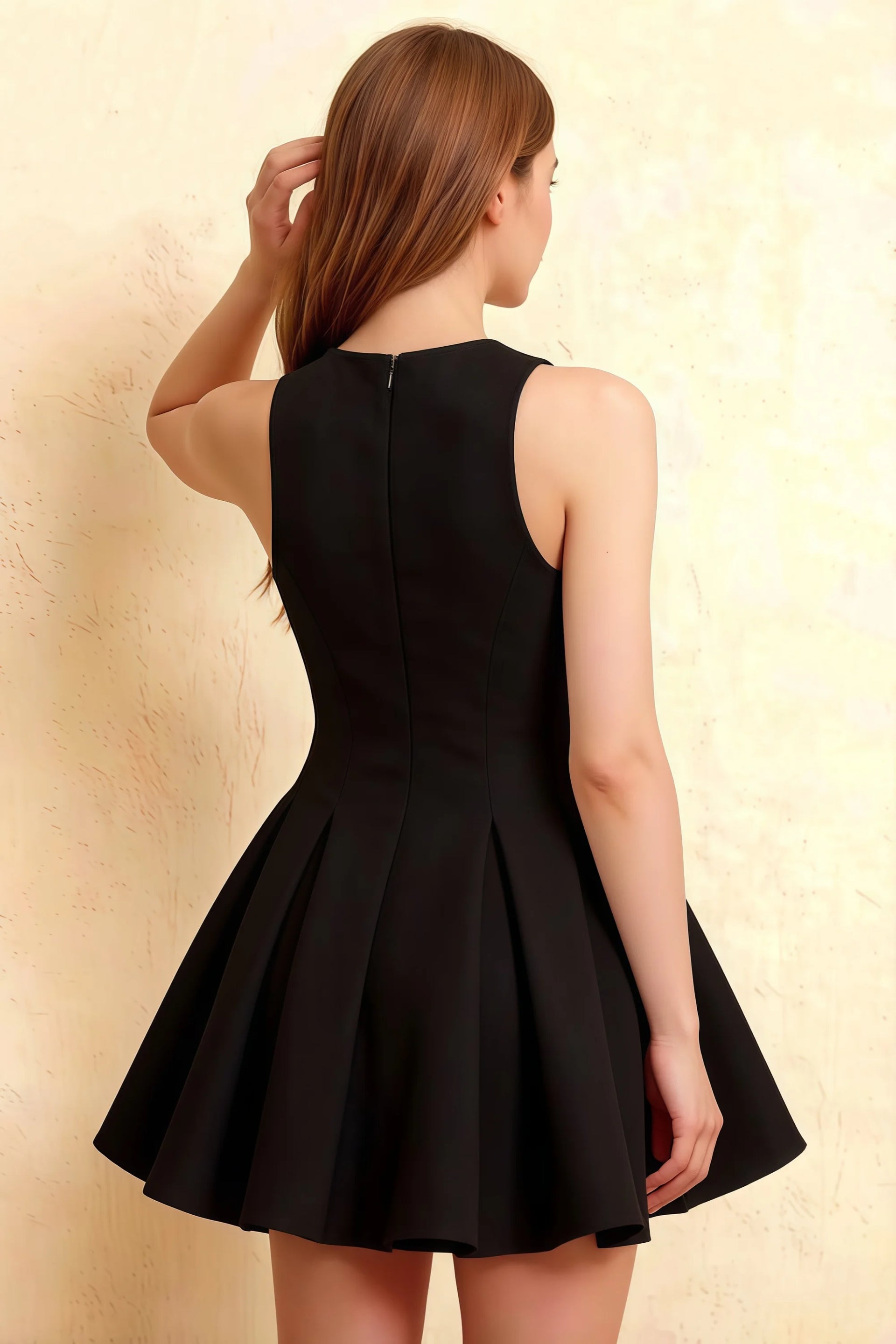 Back detail of black Cheryl round neck dress, showcasing the tailored fit and invisible back zipper, perfect for formal dinners