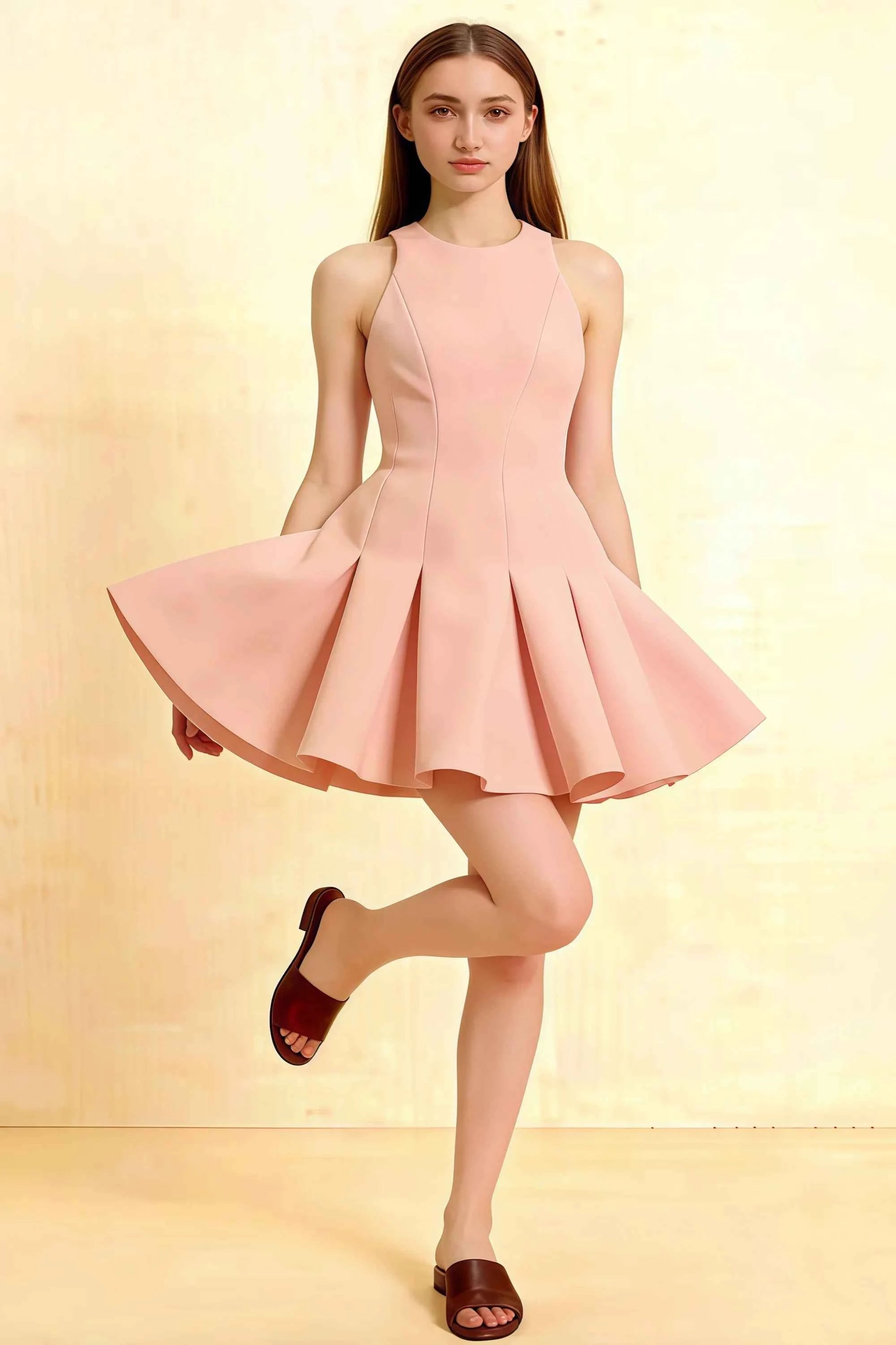 Blush pink Cheryl crepe dress with high neckline and flared skater skirt, round neck sleeveless mini dress for semi-formal party Imagen principal del producto