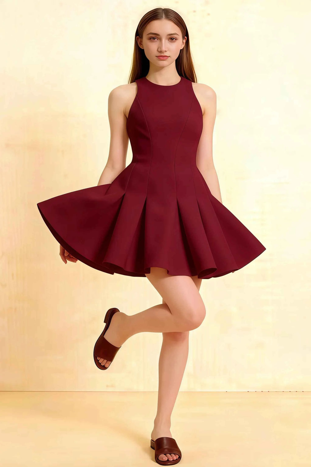 Burgundy round neck sleeveless Cheryl skater mini dress in crepe, twirling front view for homecoming or cocktail party.