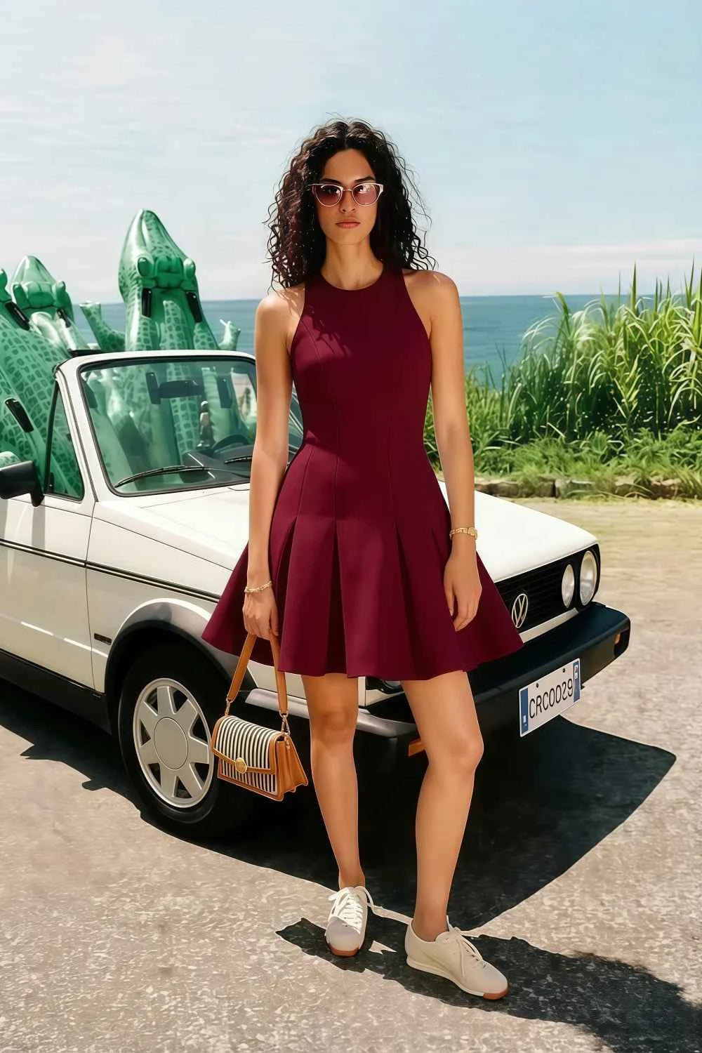 Customer photo of burgundy crepe Cheryl dress styled with sneakers, casual summer street style look.