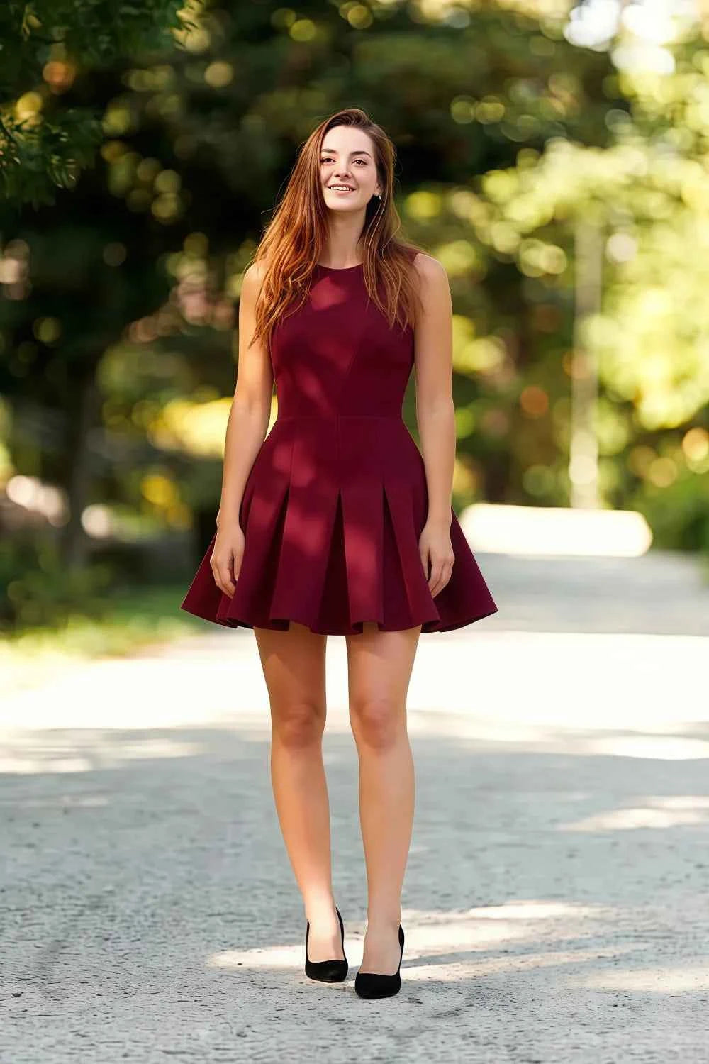 Plus size model wearing burgundy round neck Cheryl skater dress, full length outdoor shot, prom or bridesmaid dress inspiration.
