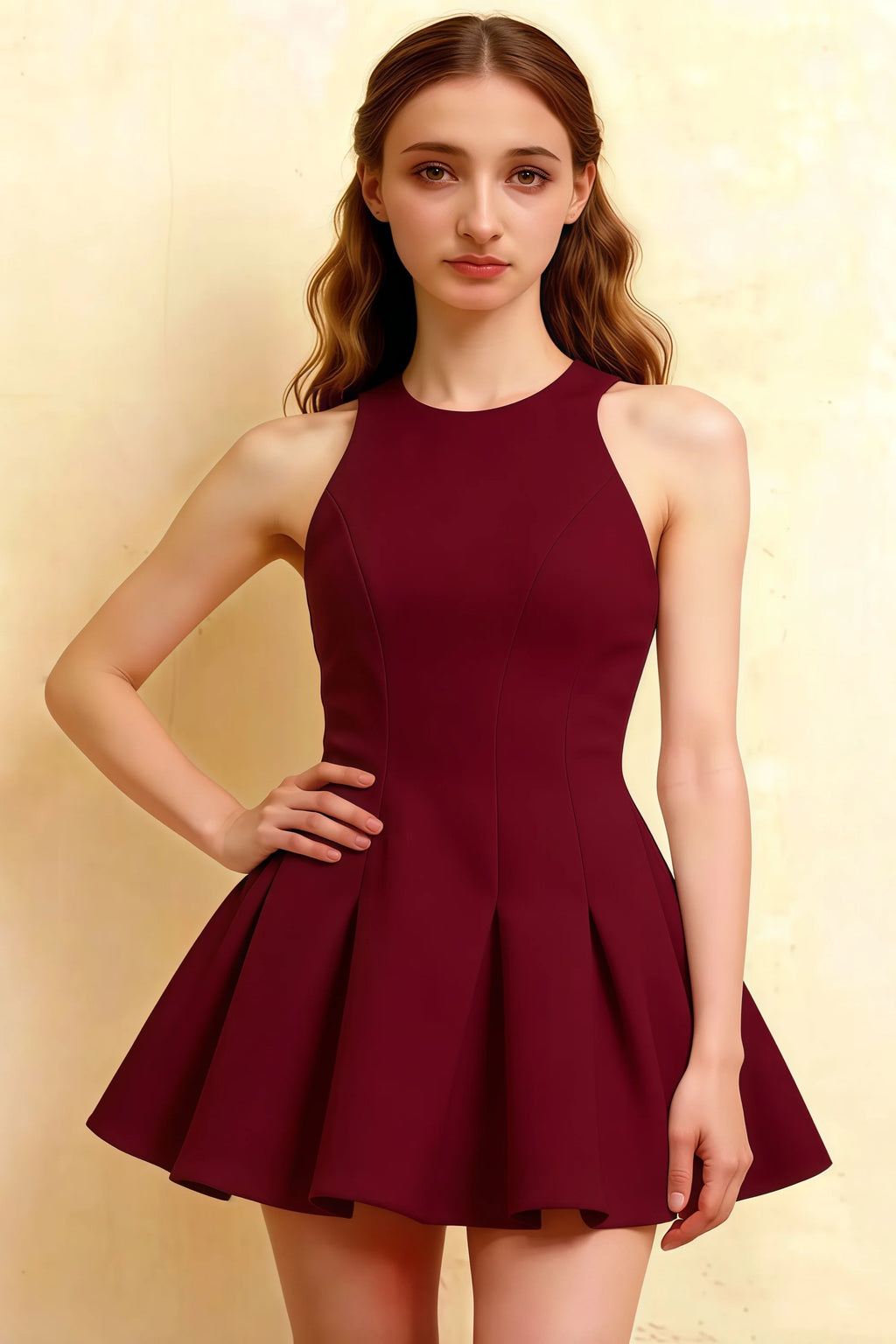 Elegant front close-up of burgundy sleeveless Cheryl dress, showcasing tailored bodice and flared skater skirt, cocktail attire.