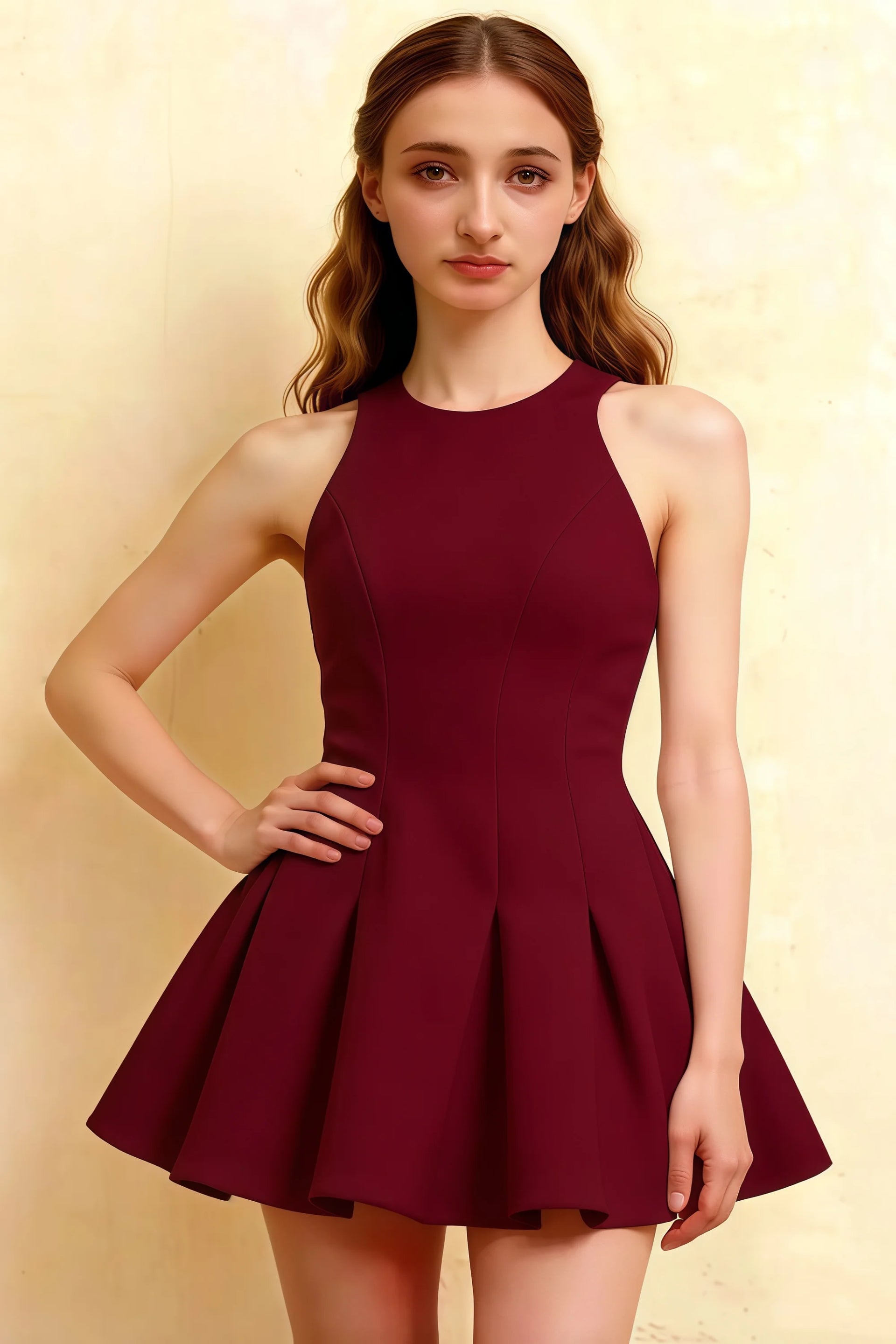 Elegant front close-up of burgundy sleeveless Cheryl dress, showcasing tailored bodice and flared skater skirt, cocktail attire.