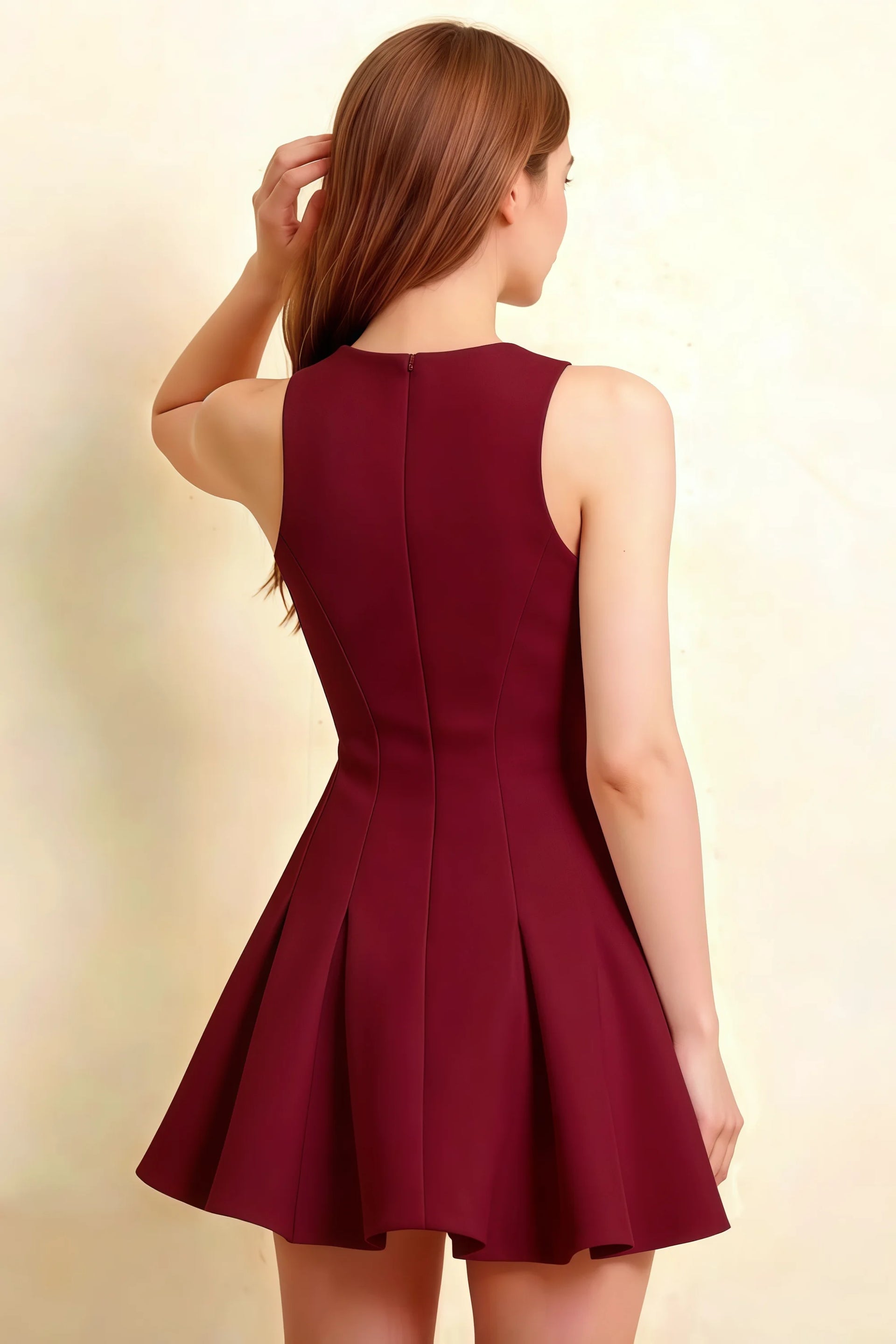 Rear view detail of burgundy high neck Cheryl mini dress, smooth crepe fabric, back zipper design, formal event.