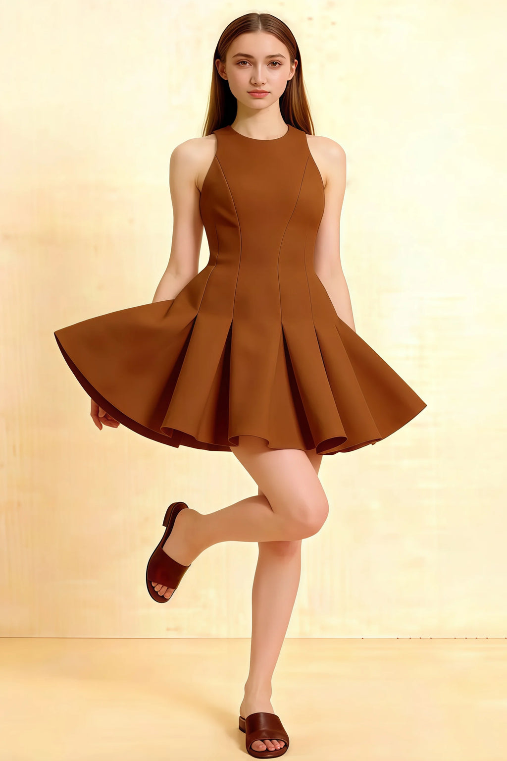 Brown Cheryl dress coffee crepe round neck sleeveless skater mini dress for homecoming semi-formal event, front view model posing with leg lifted