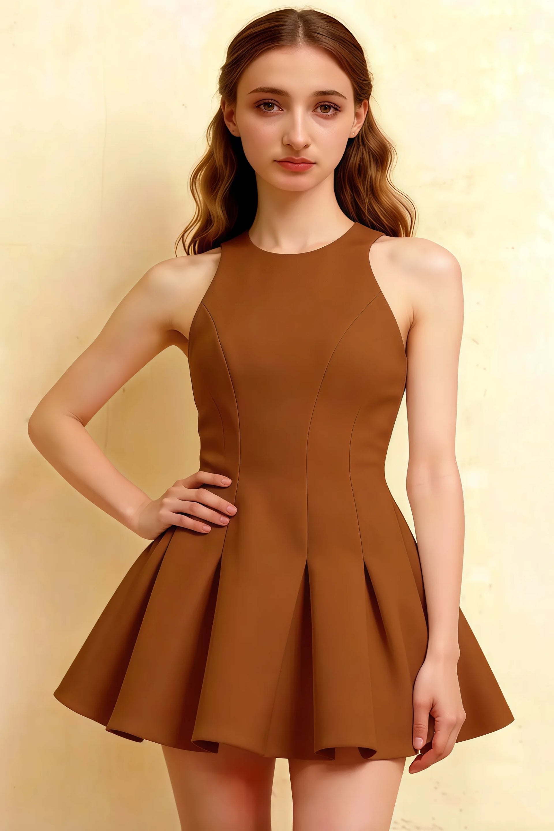 Close-up front brown Cheryl dress coffee crepe round neck sleeveless skater mini dress, model hand on hip showcasing tailored bodice