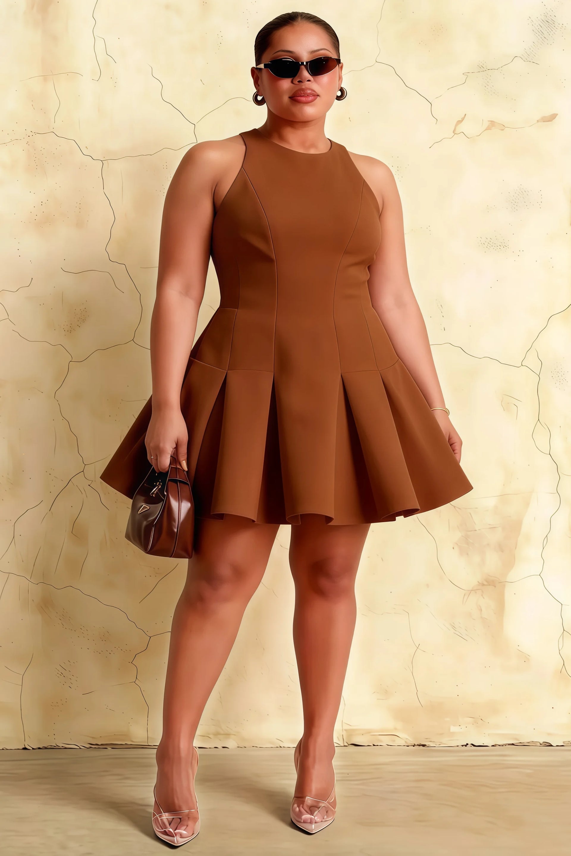 Plus-size model brown Cheryl dress coffee crepe round neck sleeveless skater mini dress, front view with handbag for bridesmaid party semi-formal occasion