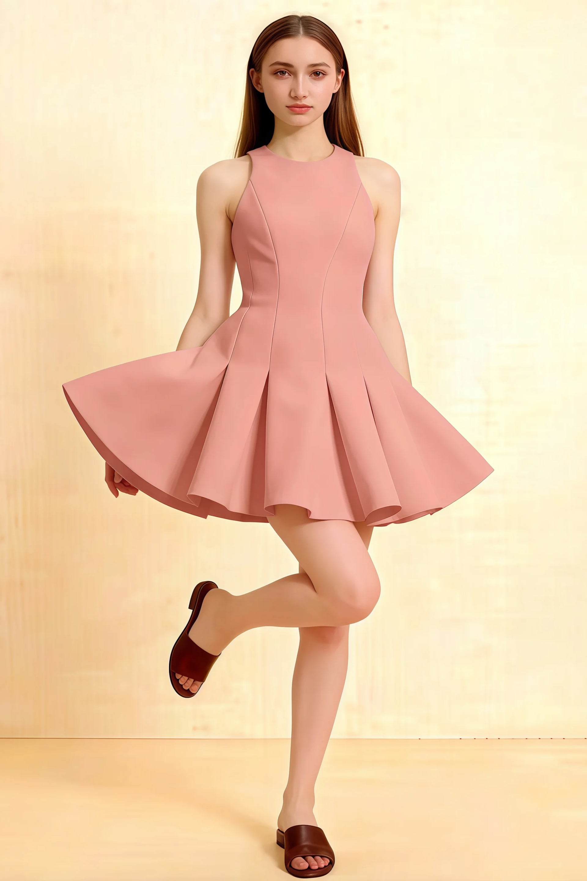 Cheryl Dusty Rose Crepe Dress | Round Neck Sleeveless Skater Mini Dress for Homecoming & Semi-Formal Events | Studio Front View