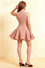 Cheryl Dusty Rose Crepe Dress | Round Neck Sleeveless Skater Mini Dress Studio Back View | Elegant Semi-Formal & Prom Style