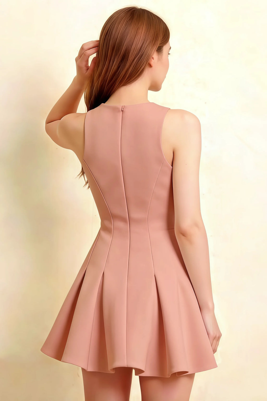 Cheryl Dusty Rose Crepe Dress Back View | Round Neck Sleeveless Skater Mini Dress Sophisticated Tailoring Studio Shot
