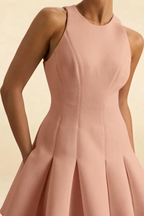 Cheryl Dusty Rose Crepe Dress Fabric Close-Up | Round Neck Sleeveless Skater Mini Dress Smooth Crepe Texture Showcase