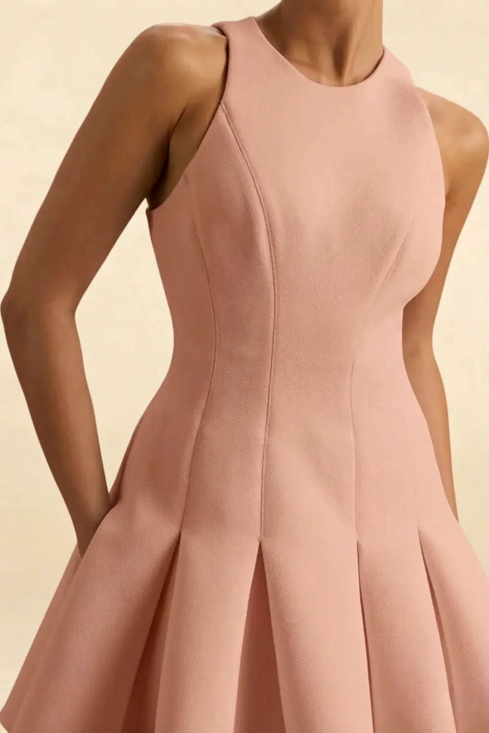 Cheryl Dusty Rose Crepe Dress Fabric Close-Up | Round Neck Sleeveless Skater Mini Dress Smooth Crepe Texture Showcase