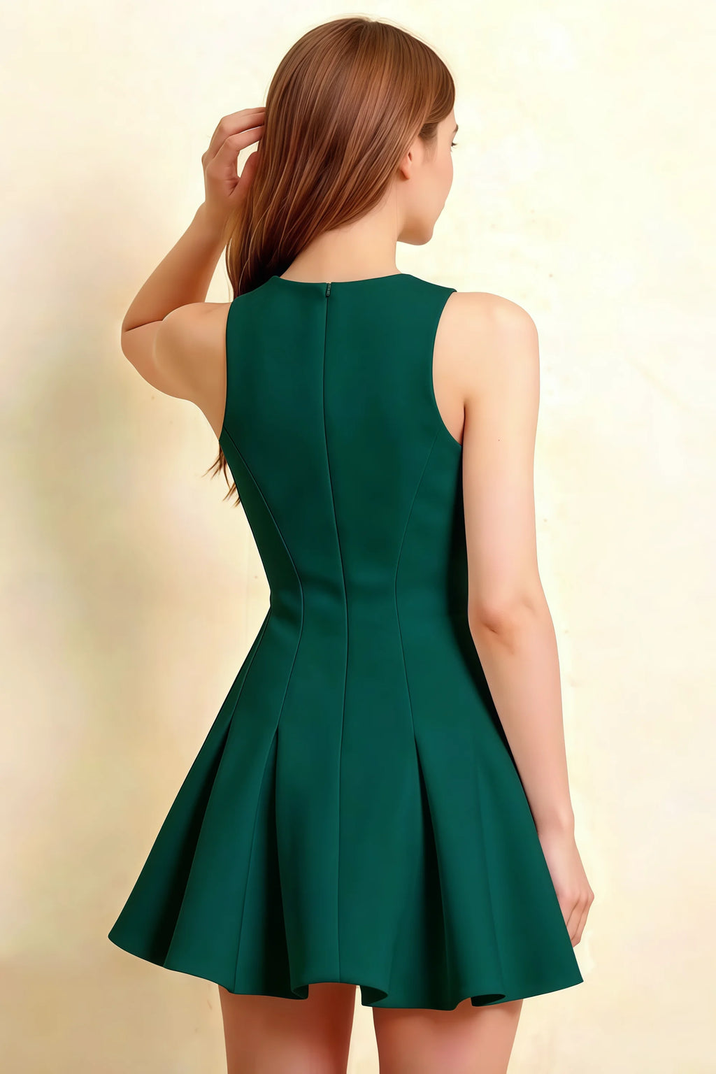 Rear view detail of the Cheryl dress focusing on the tailored back design and the smooth A-line silhouette of the emerald green skater dress.