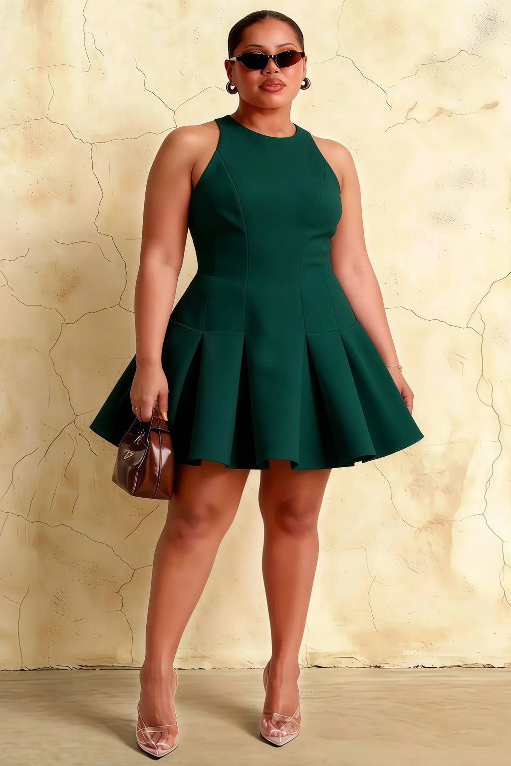 Real customer review image of the Cheryl emerald dress, showing how the flattering skater style fits for a special occasion or bridesmaid party.