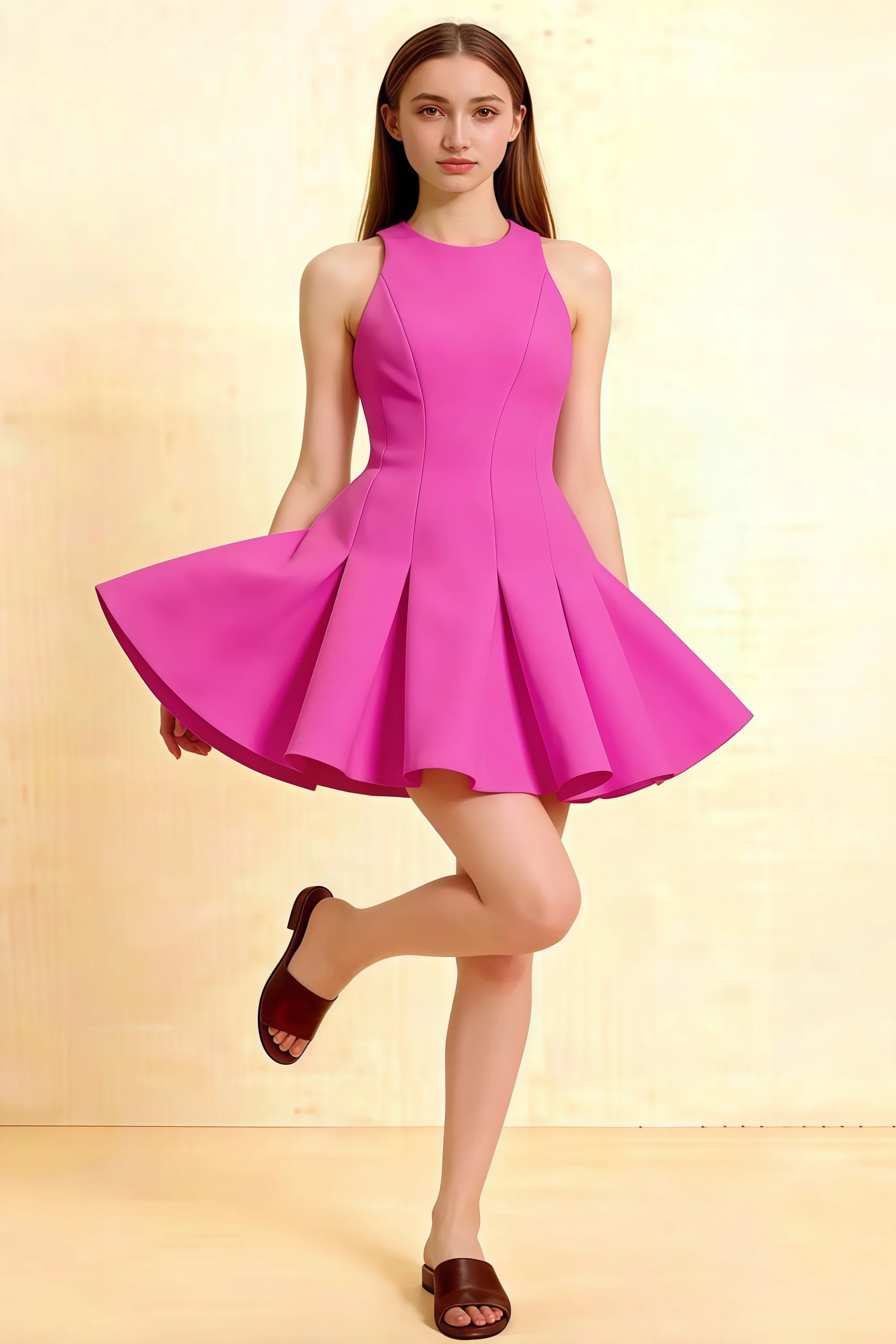 Young woman in a Fuchsia pink Cheryl crepe dress posing dynamically in studio, showcasing the high neckline and flared pleated skater skirt, perfect for semi-formal parties or cocktail events. Main image