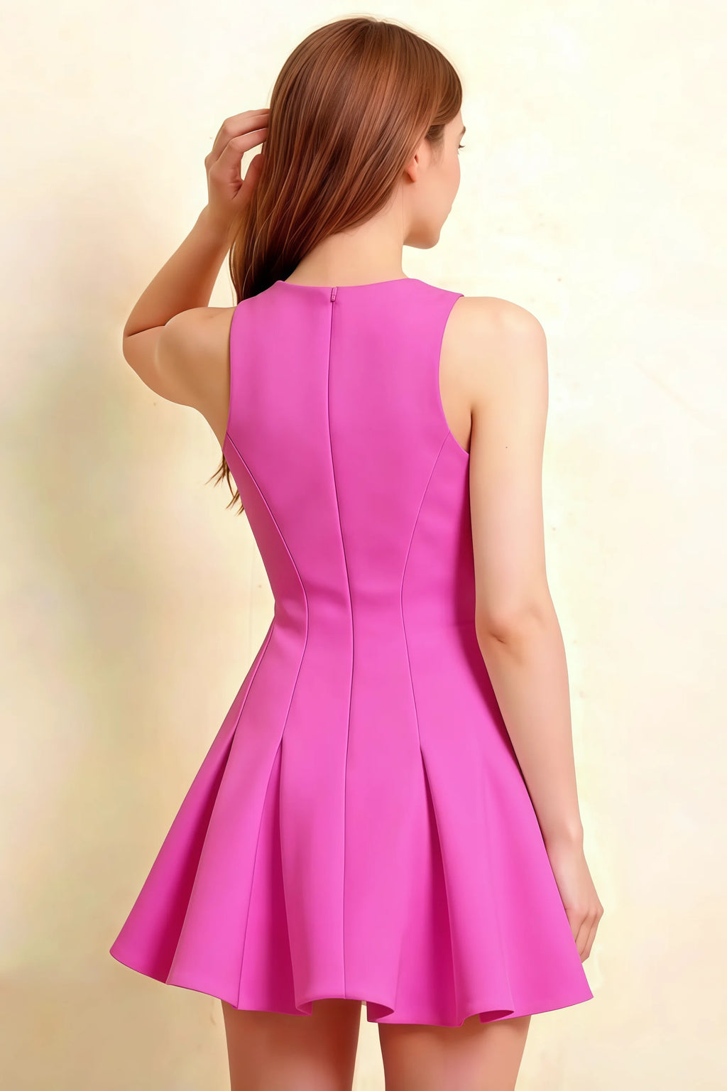 Over-the-shoulder rear view of the Cheryl sleeveless dress, displaying the fitted waist and flowy pleated mini skirt, a great choice for bridesmaid attire or semi-formal dinners.