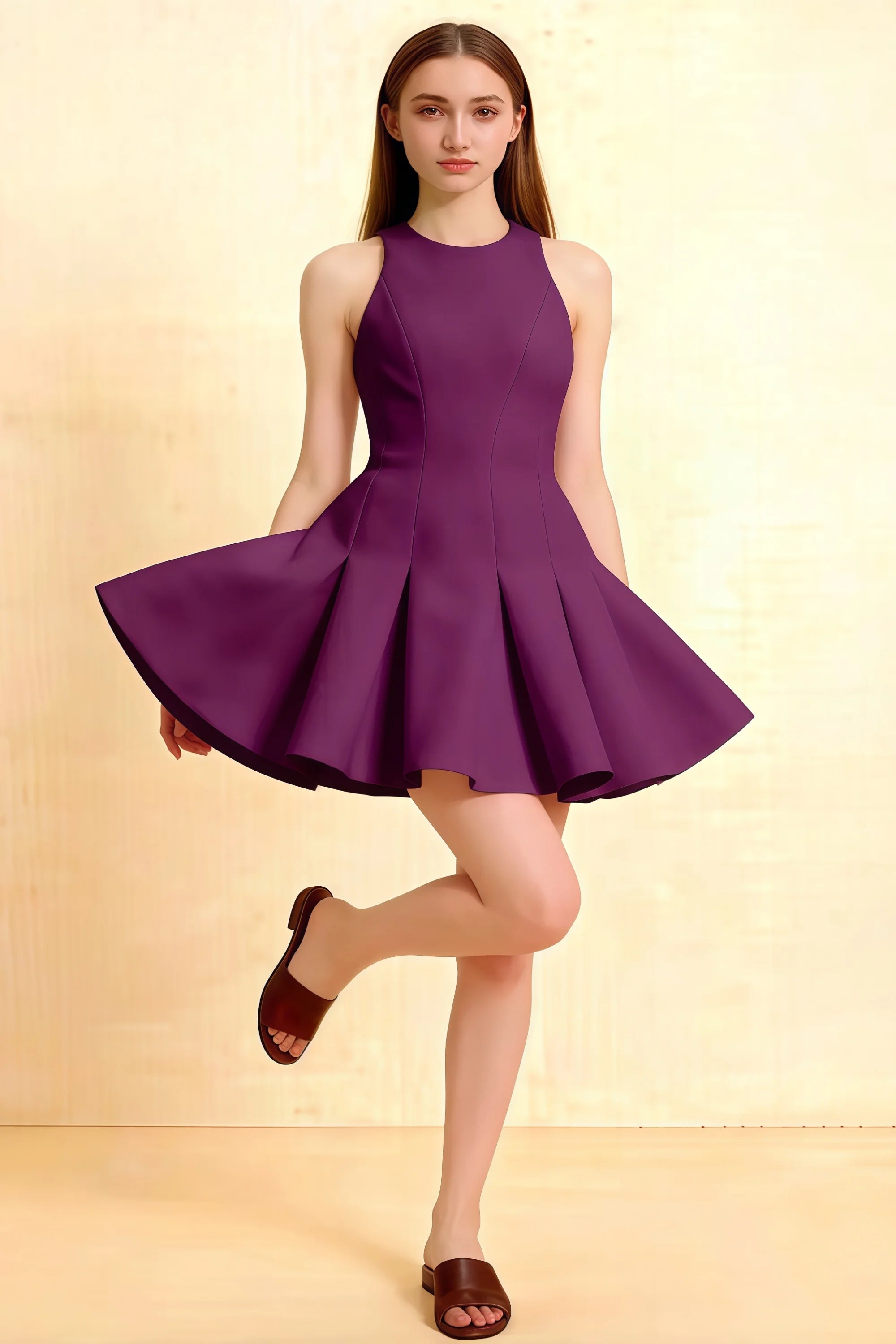 Purple Cheryl skater dress with round neck and flared pleated skirt, model twirling in studio for homecoming or semi-formal event. Main image