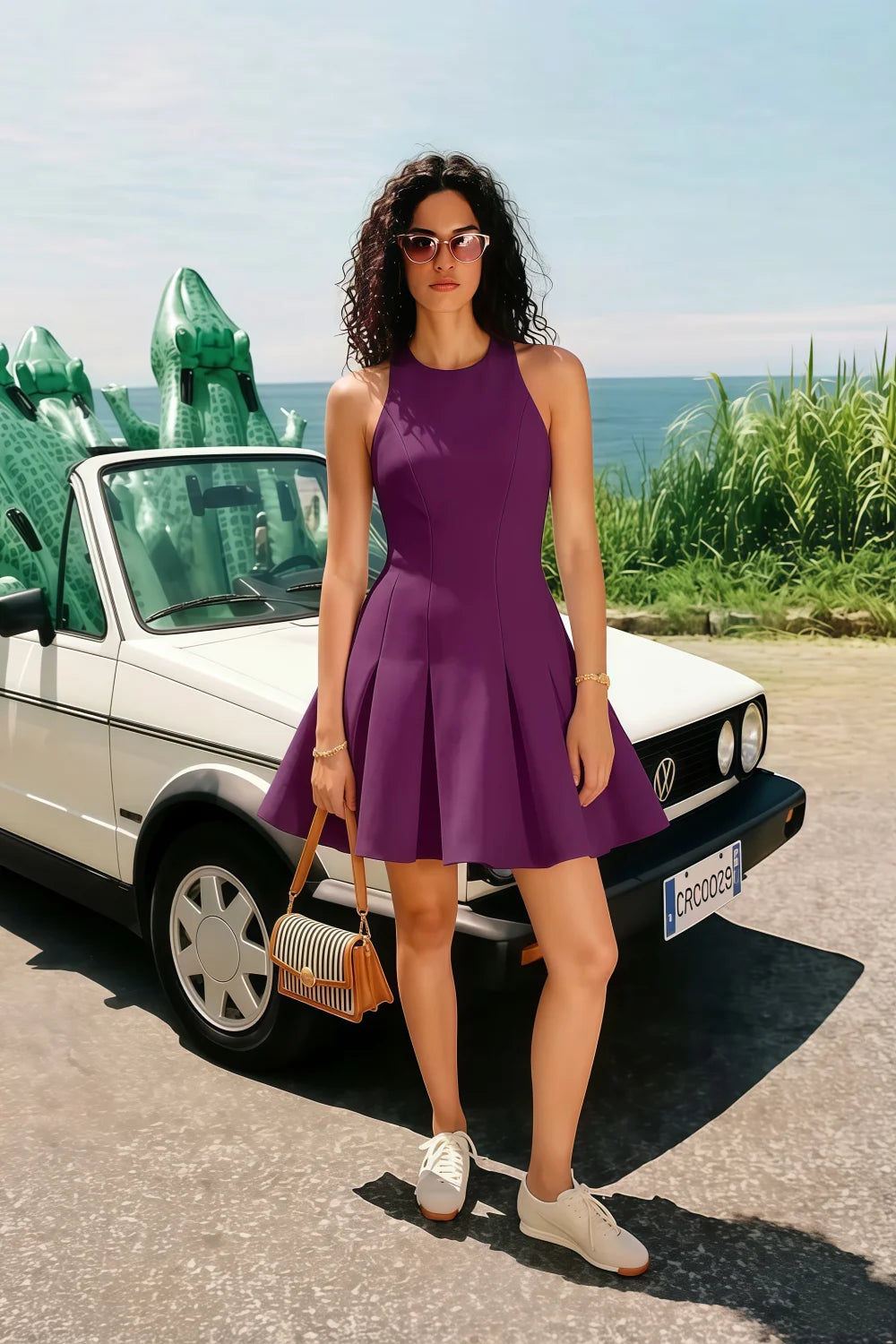 Customer photo of the Cheryl grape dress styled casually with sneakers and a tote bag, showcasing a versatile summer street style look.