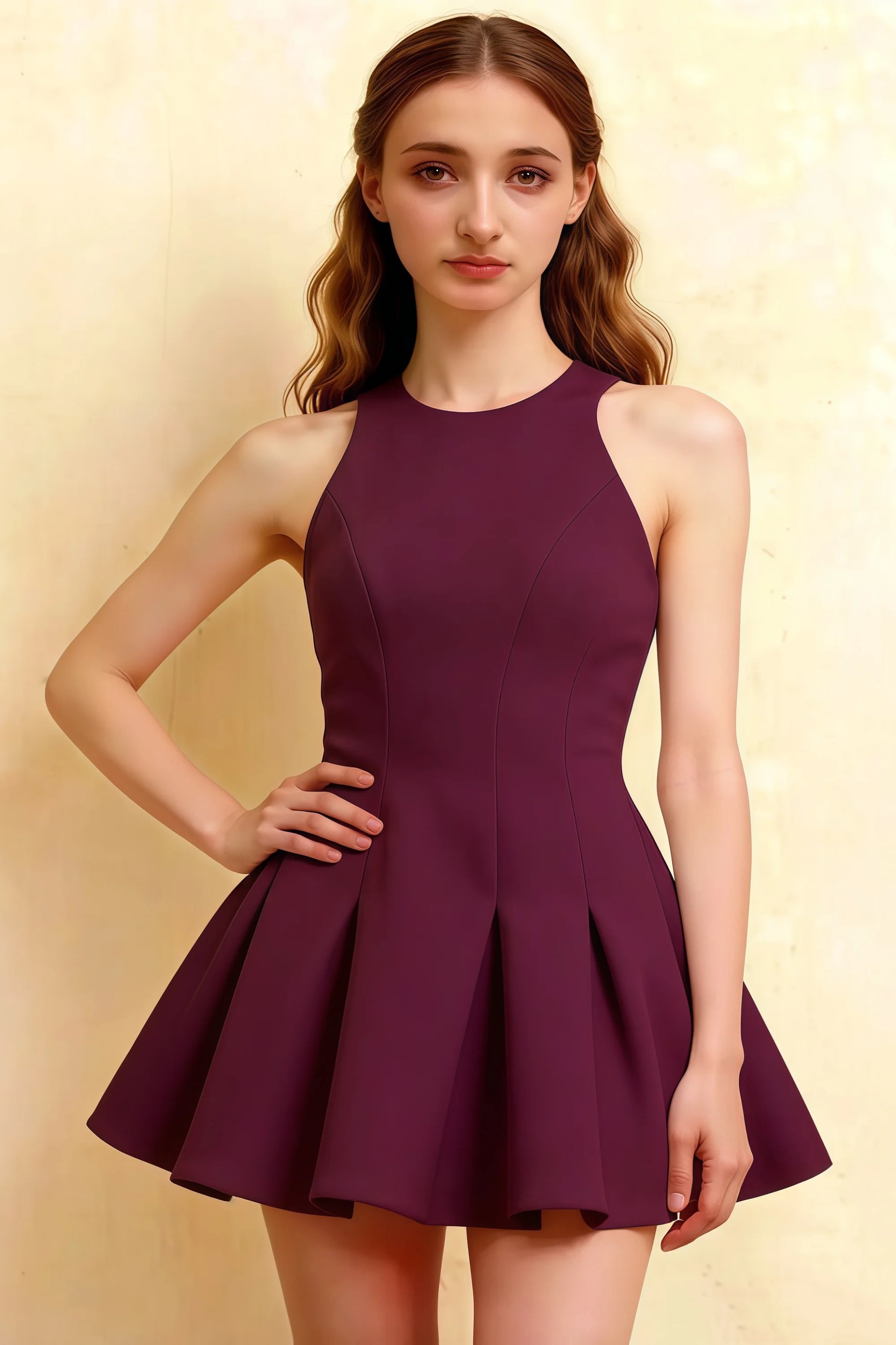 Plus size model in the Grape Cheryl dress posing with hand on hip, highlighting the flattering A-line silhouette and round neck design for formal events.