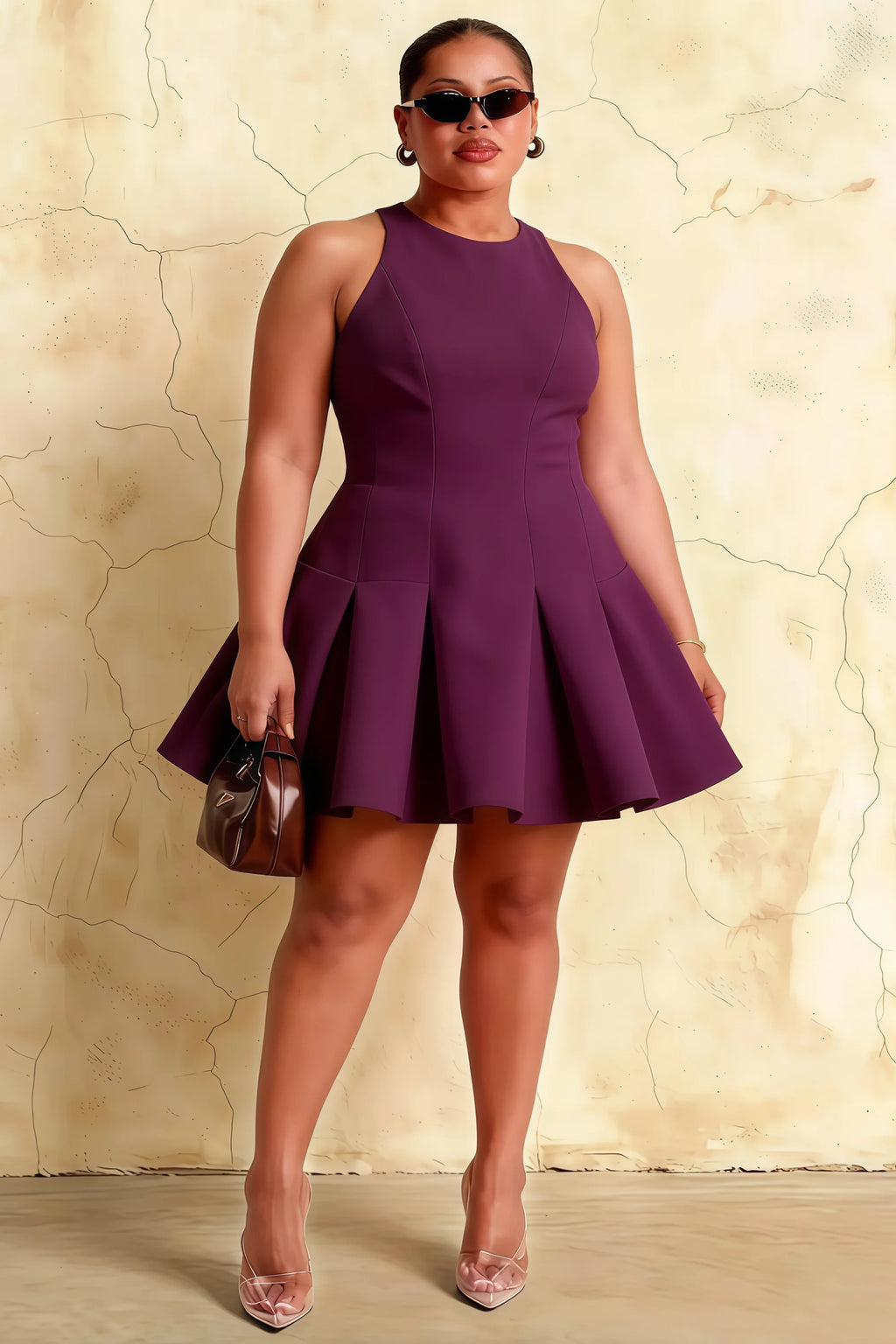 Curvy model in the Grape Cheryl dress holding a clutch, demonstrating the dress's suitability as a bridesmaid party gown or semi-formal attire.