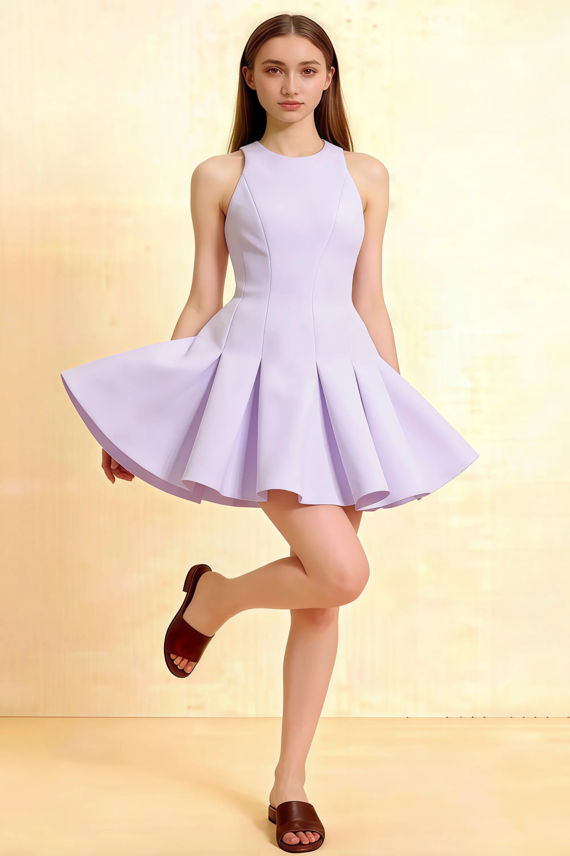 Elegant lavender Cheryl crepe dress, round neck sleeveless skater mini dress for homecoming, semi - formal event, prom, bridesmaid party, flared skirt, fitted bodice, model posing playfully. Main image