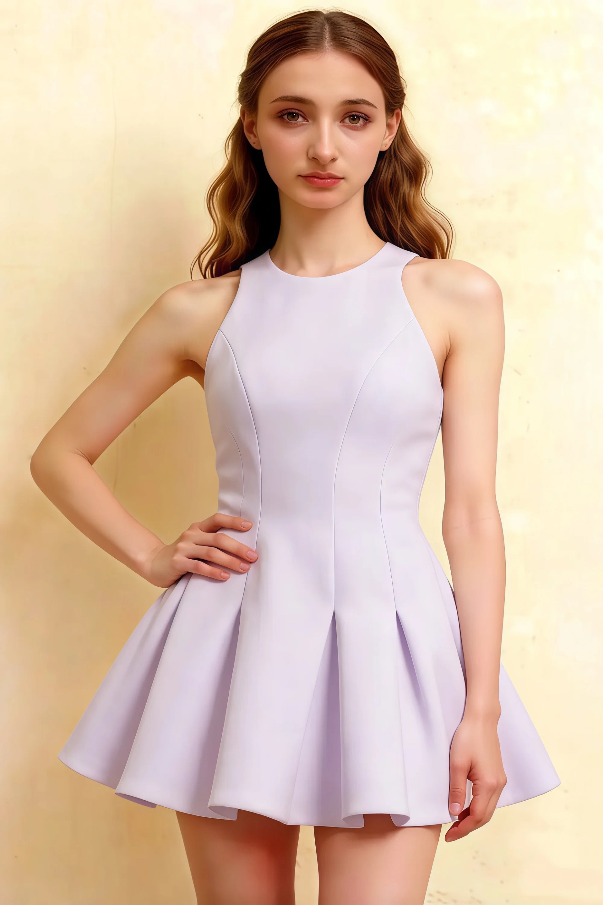 Chic lavender Cheryl crepe dress, round neck sleeveless skater mini dress, fitted bodice with pleated flared skirt, model posing confidently, ideal for homecoming, prom, bridesmaid party.