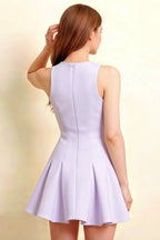 Back design of lavender Cheryl crepe dress, round neck sleeveless skater mini dress, vertical seams, zipper back, flared skirt, perfect for semi - formal, prom, bridesmaid event.