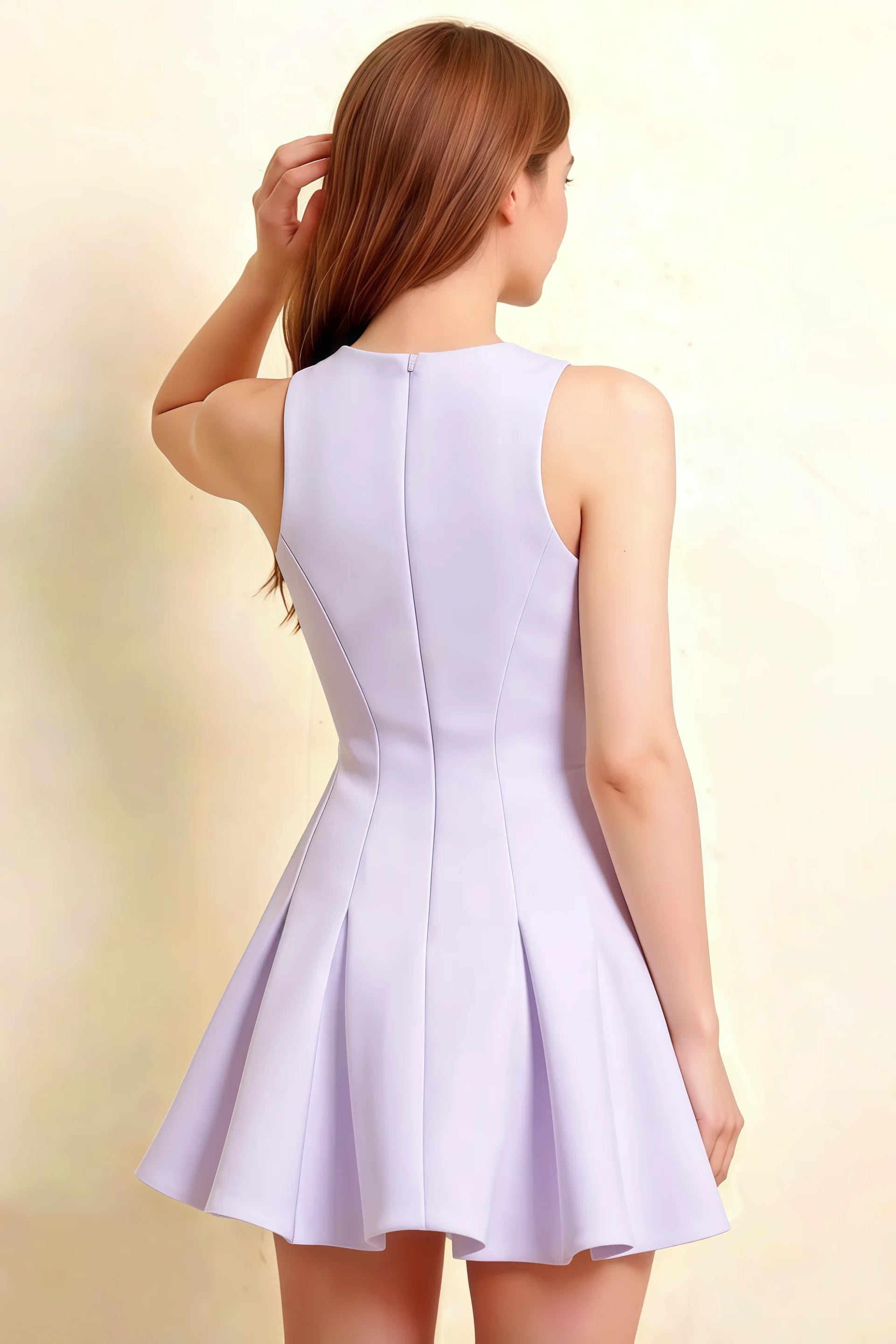 Back design of lavender Cheryl crepe dress, round neck sleeveless skater mini dress, vertical seams, zipper back, flared skirt, perfect for semi - formal, prom, bridesmaid event.