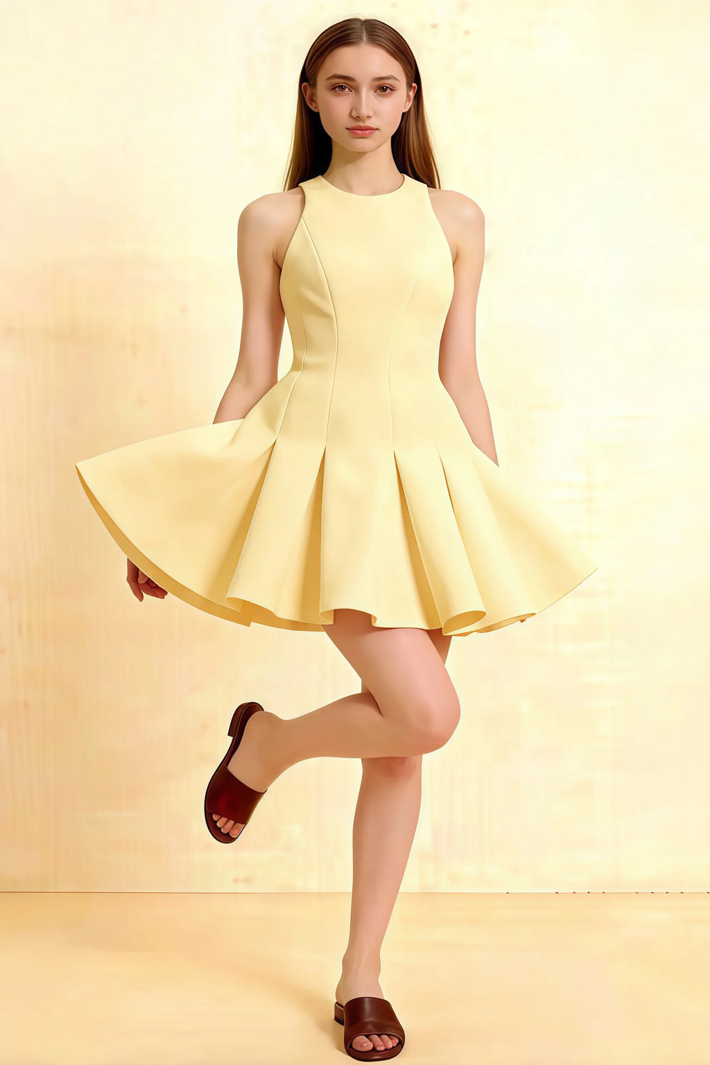 Lemon yellow Cheryl crepe dress with round neck and flared skater skirt, model posing in studio for semi-formal party look.