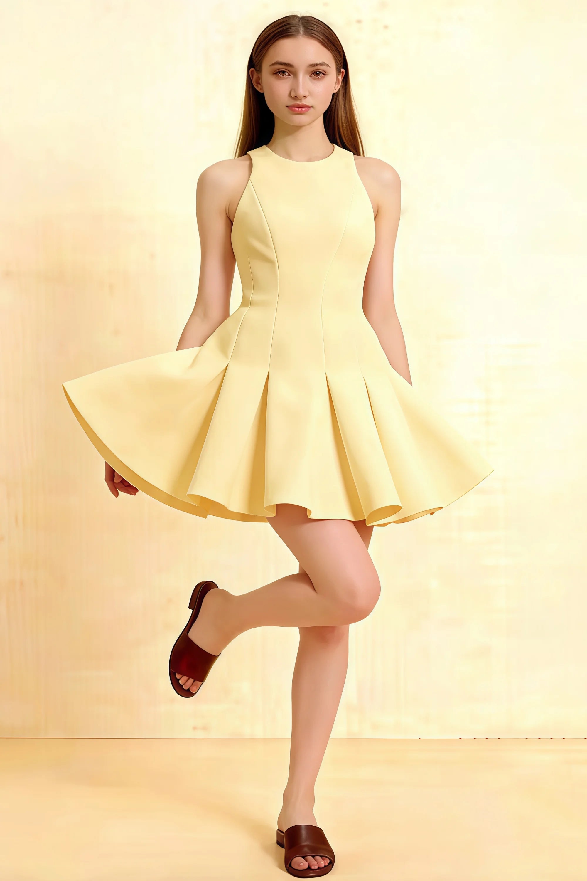 Lemon yellow Cheryl crepe dress with round neck and flared skater skirt, model posing in studio for semi-formal party look. Main image