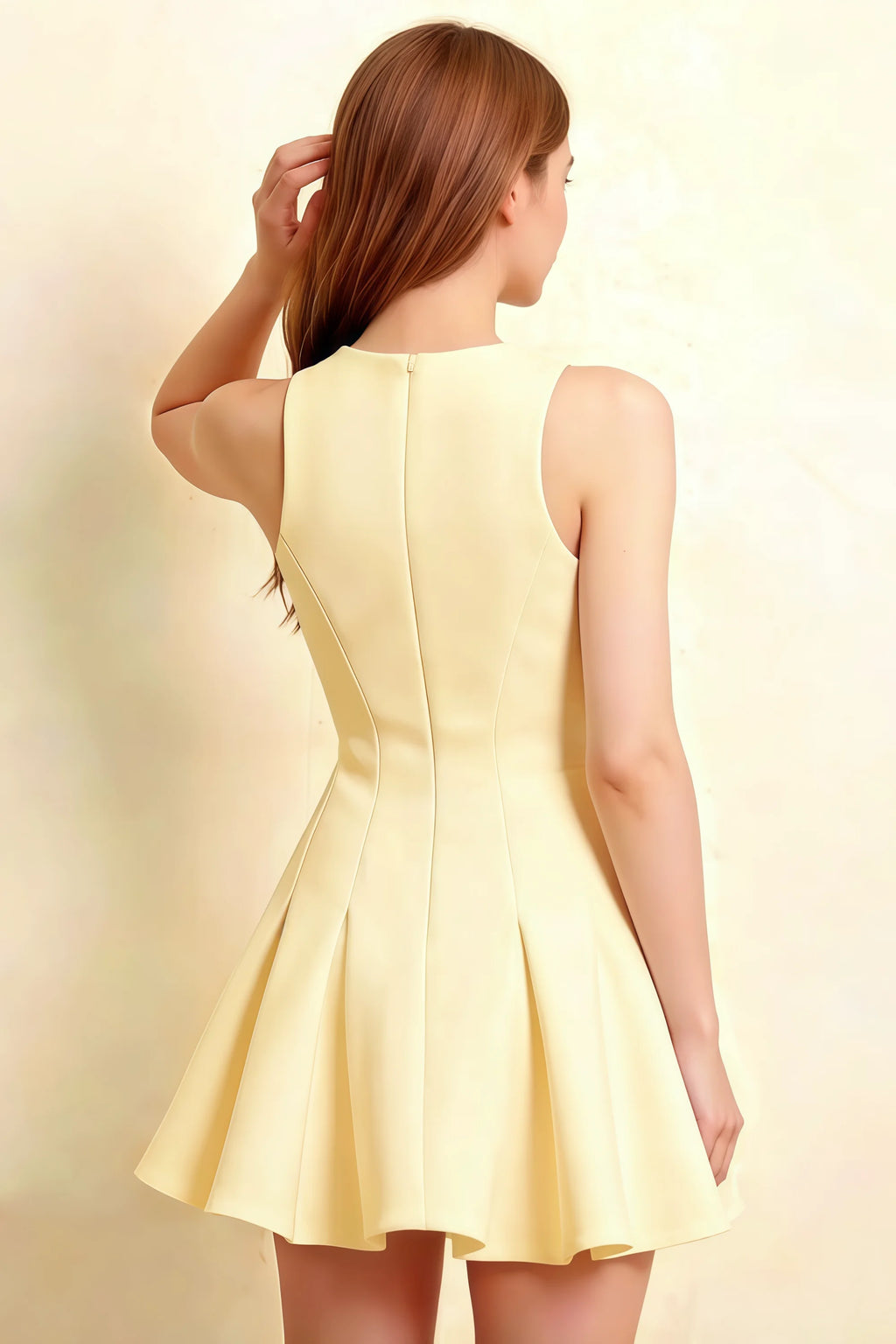 Rear view detail of the sleeveless Cheryl dress in lemon color showcasing the back zip fastening and pleated peplum hem.