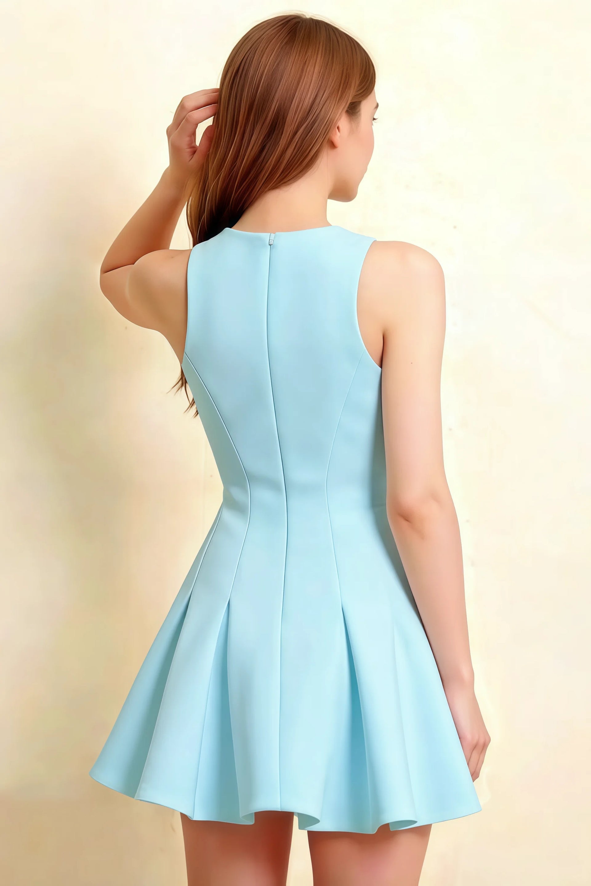 Side back view of the Light Blue Cheryl dress displaying the sleeveless cut and flowy pleated hem in a studio setting.