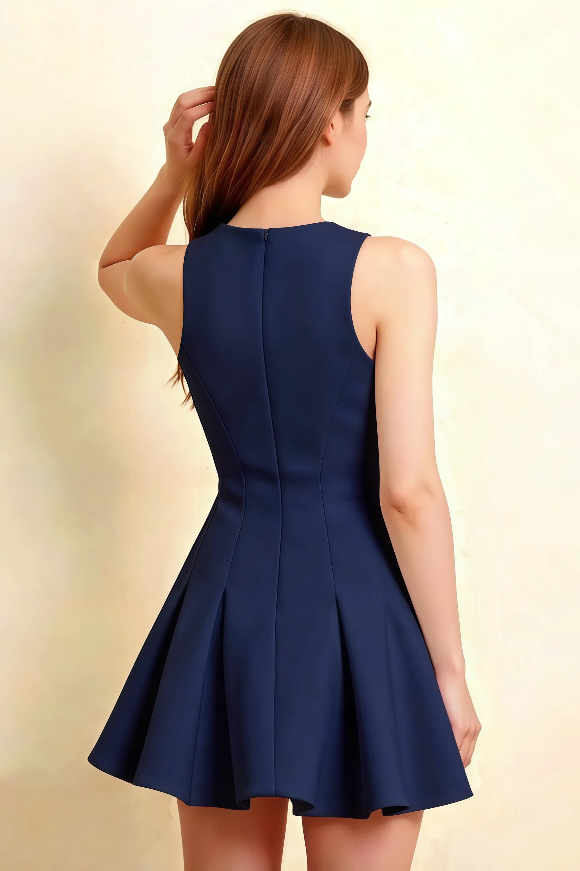 Detailed back view of the Cheryl navy dress showcasing the smooth neckline and clean seam lines. An elegant choice for cocktail parties and special occasions.