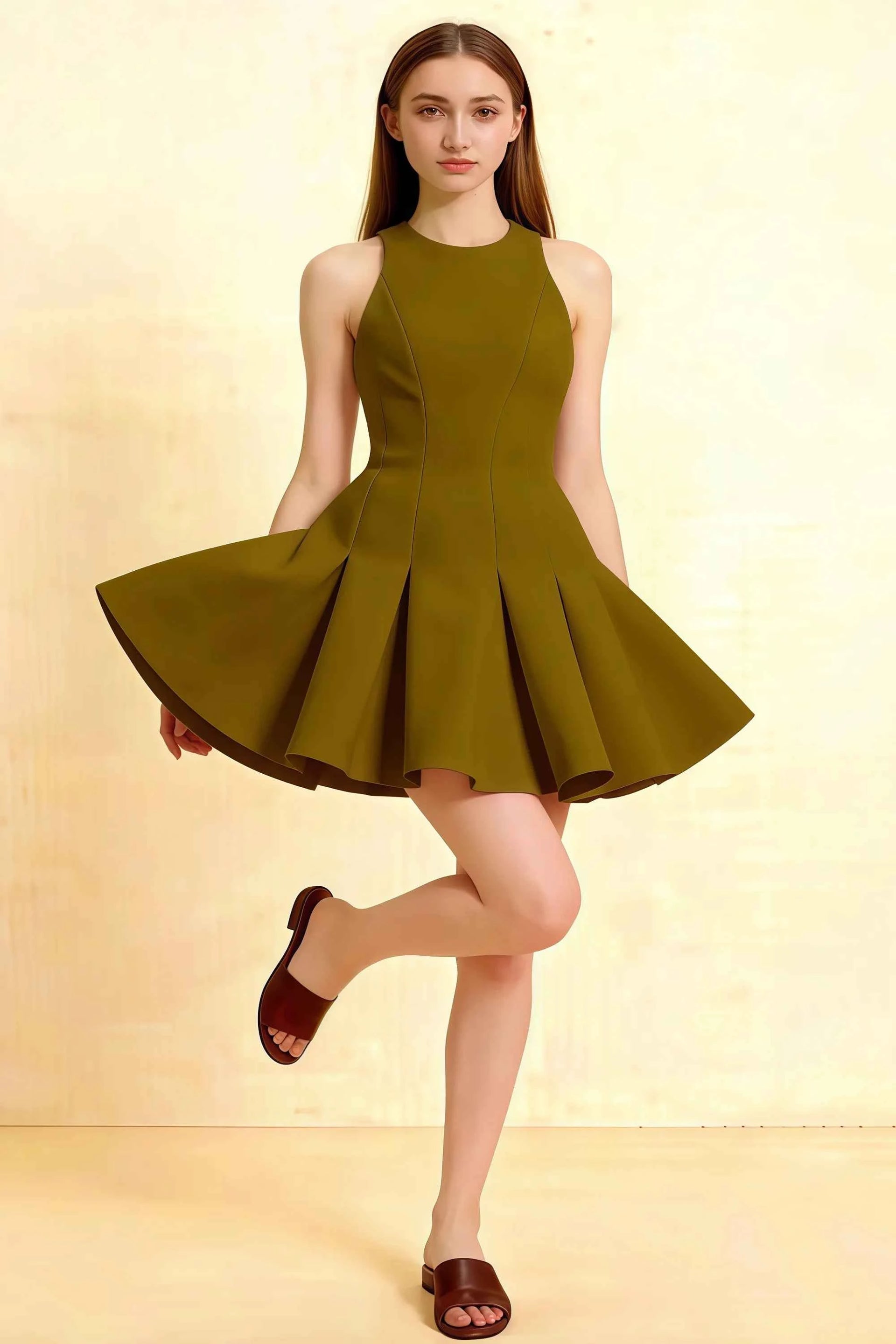 Olive green Cheryl skater dress for homecoming, featuring a flattering round neckline and pleated mini skirt, modeled with heels against a neutral studio background.