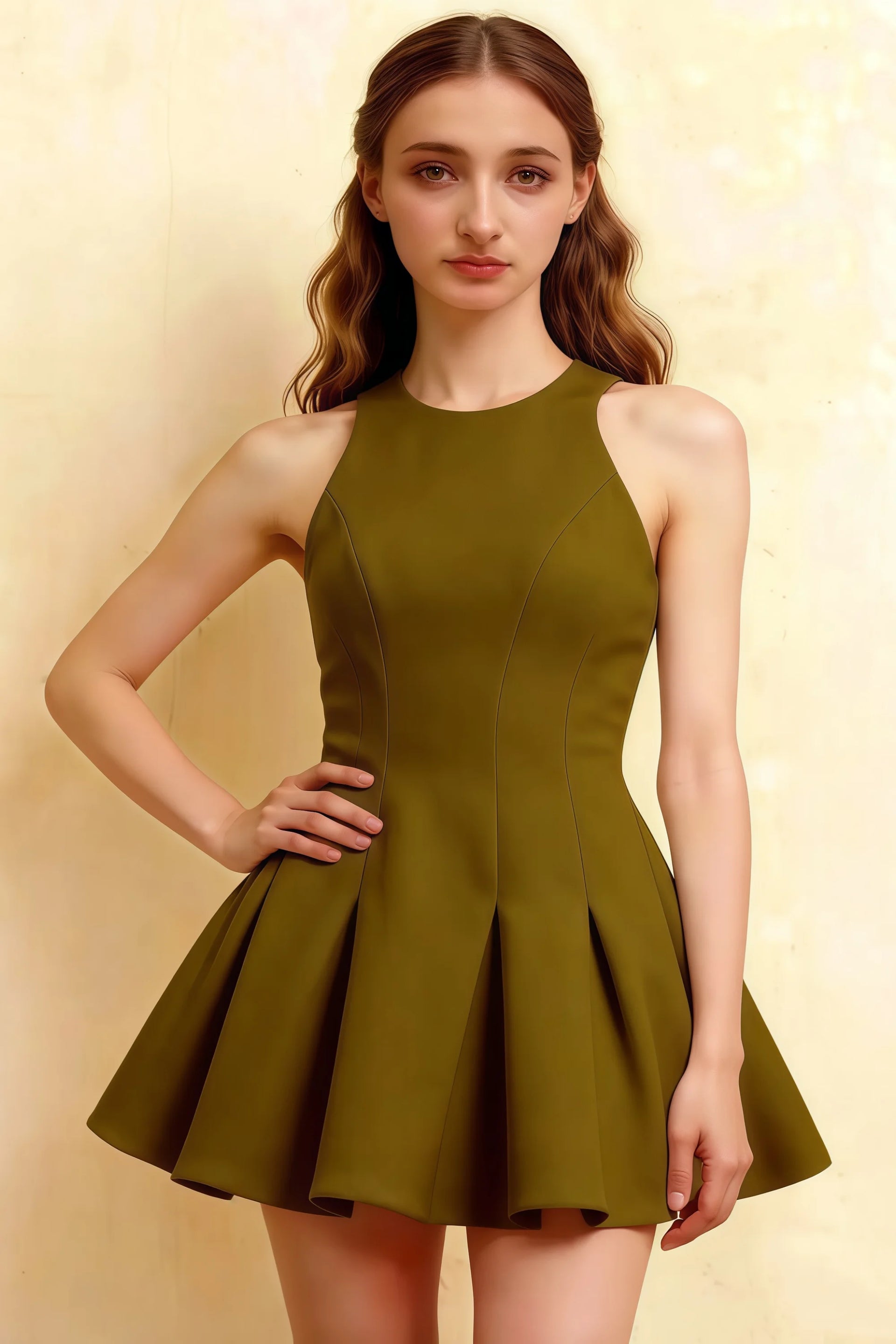 Studio portrait of a model in the olive round neck Cheryl dress highlighting the structured bodice and A-line silhouette, a versatile choice for cocktail parties.