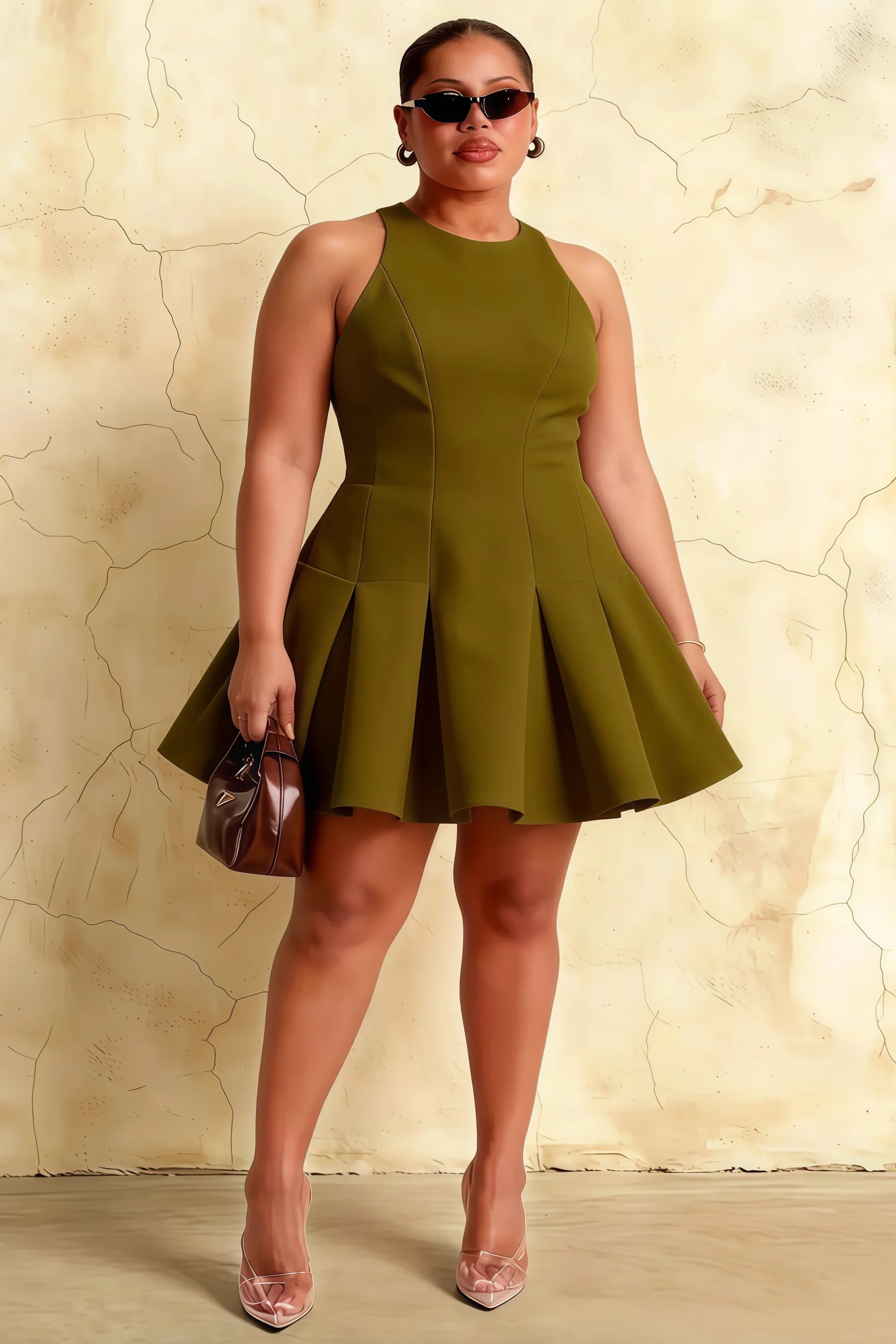 Plus size fashion model wearing the olive Cheryl crepe dress, showcasing the inclusive sizing and flattering fit for curvy figures at formal gatherings.