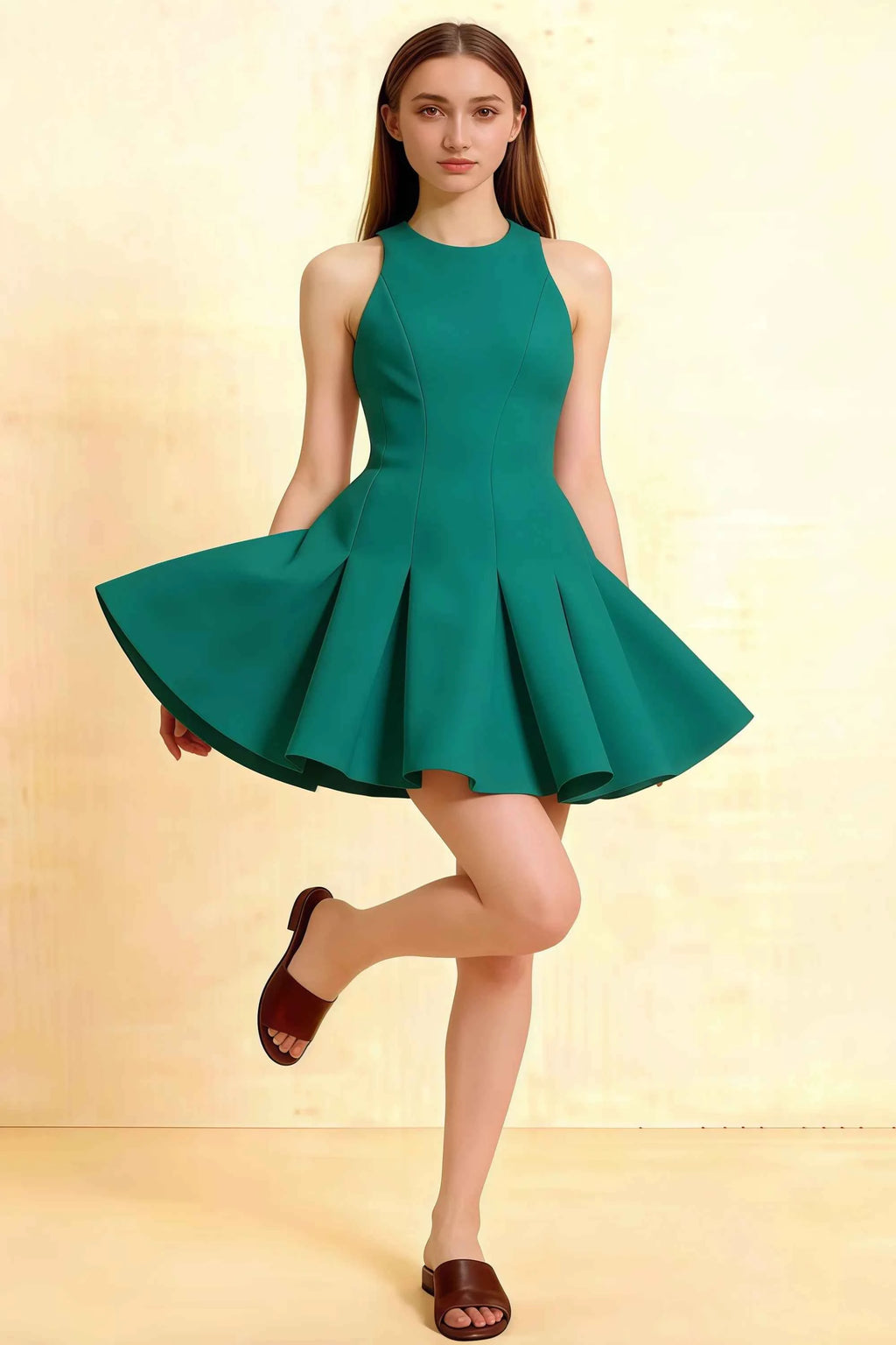 Model in Cheryl Peacock Crepe Dress – Front View, Flared Skirt, Sleeveless Round Neck, Homecoming & Semi-Formal Occasion