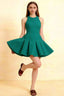 Model in Cheryl Peacock Crepe Dress – Front View, Flared Skirt, Sleeveless Round Neck, Homecoming & Semi-Formal Occasion