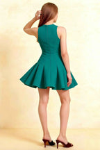 Cheryl Peacock Crepe Dress – Back View, Hidden Zipper, Tailored Fit, Sleeveless Mini Skater Dress for Prom