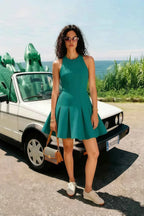 Customer Wearing Cheryl Peacock Crepe Dress – Casual Chic Style, Outdoor Street Style, Daytime Event with Vintage Car
