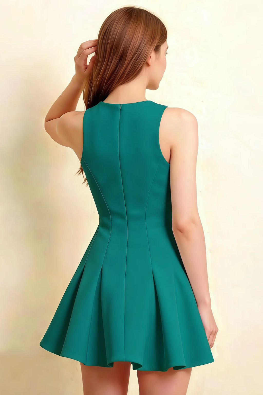 Cheryl Peacock Crepe Dress – Back Close-Up, Hair Touch Detail, Tailored Seams, Sleeveless Design for Semi-Formal Events