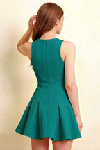 Cheryl Peacock Crepe Dress – Back Close-Up, Hair Touch Detail, Tailored Seams, Sleeveless Design for Semi-Formal Events