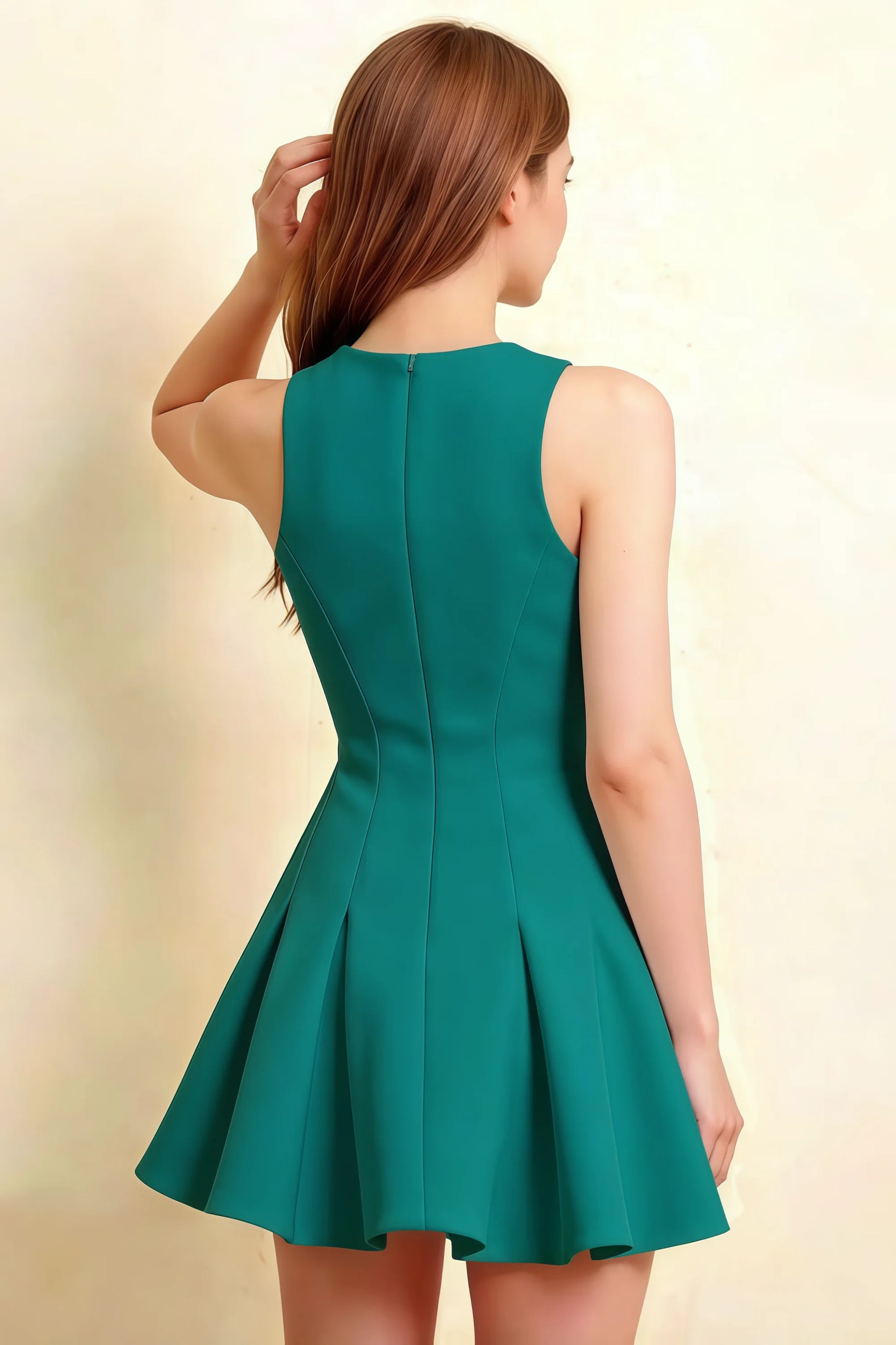 Cheryl Peacock Crepe Dress – Back Close-Up, Hair Touch Detail, Tailored Seams, Sleeveless Design for Semi-Formal Events