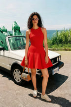 Customer Wearing Cheryl Red Sleeveless Skater Mini Dress - Outdoor Casual Chic (Beach/Street Style)