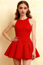 Cheryl Red Round Neck Sleeveless Skater Dress - Close - Up Front, Prom/Homecoming Essential