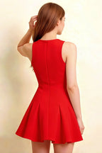 Cheryl Red Crepe Skater Mini Dress - Studio Back View (Hand in Hair Pose), Bridesmaid Party