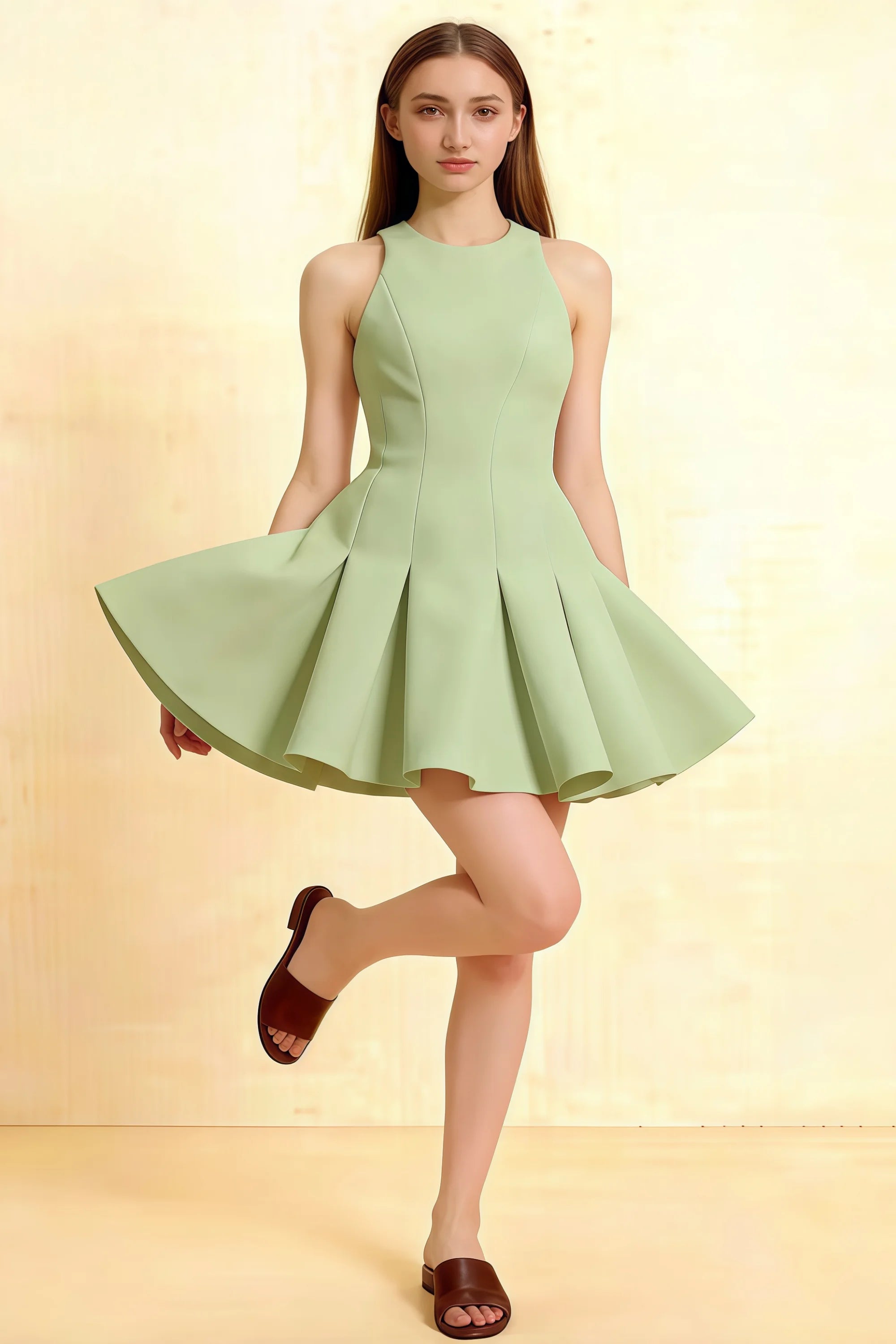 Cheryl Dress Sage Green Crepe Sleeveless Round Neck Skater Mini Dress Homecoming Semi-Formal Prom Bridesmaid Party Front View Model Wearing Chic Elegant Short Formal Dress Main image