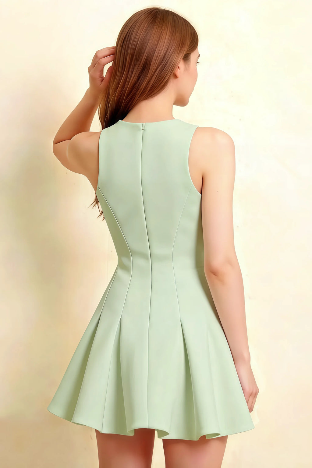 Cheryl Dress Sage Green Crepe Sleeveless Round Neck Skater Mini Dress Back View Zipper Closure Fit & Flare Silhouette Semi-Formal Event Dress