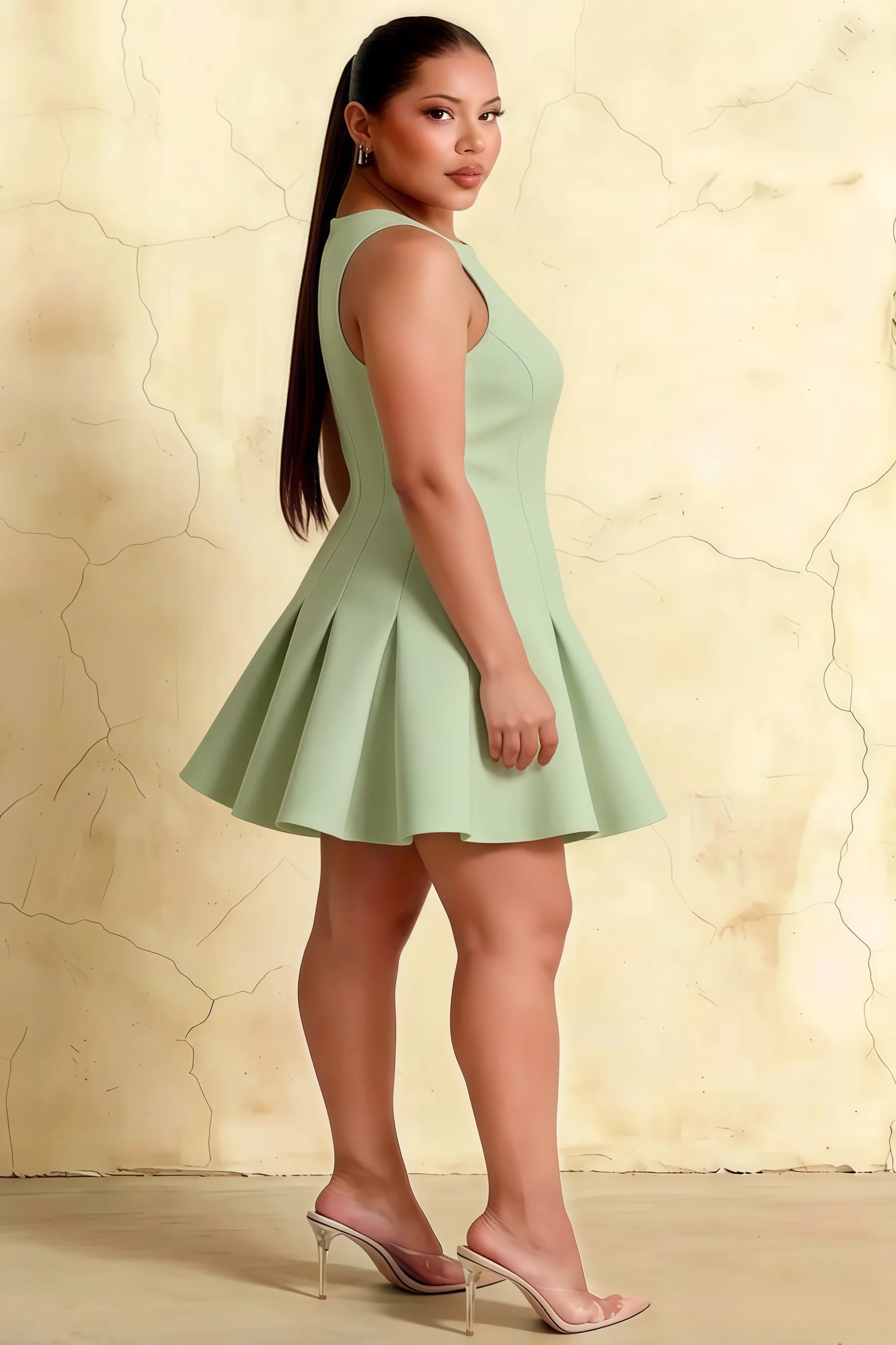 Cheryl Dress Sage Green Crepe Sleeveless Round Neck Skater Mini Dress Plus-Size Model Side View Inclusive Fit & Flare Silhouette Formal Event Evening Wear