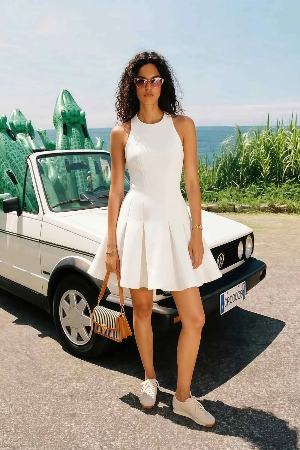 Cheryl White Round Neck Sleeveless Skater Mini Dress